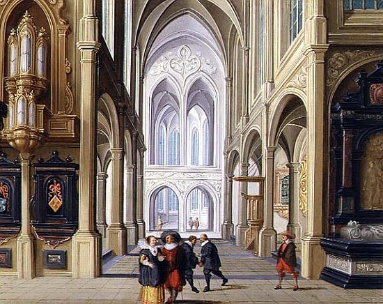 Elegant Figures in a Gothic Church, 17th century 99;interior; ecclesiatical; architecture; architect à Dirck van Deelen