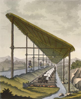 Slaves washing the silt to find diamonds at Mandanga, Brazil, late 18th century (colour litho) à D.K. Bonatti
