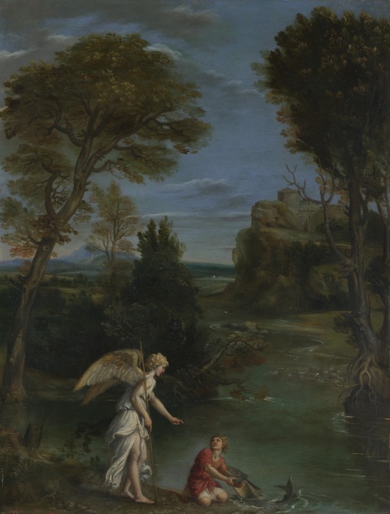 Landscape with Tobias laying hold of the Fish à Domenichino (alias Domenico Zampieri)