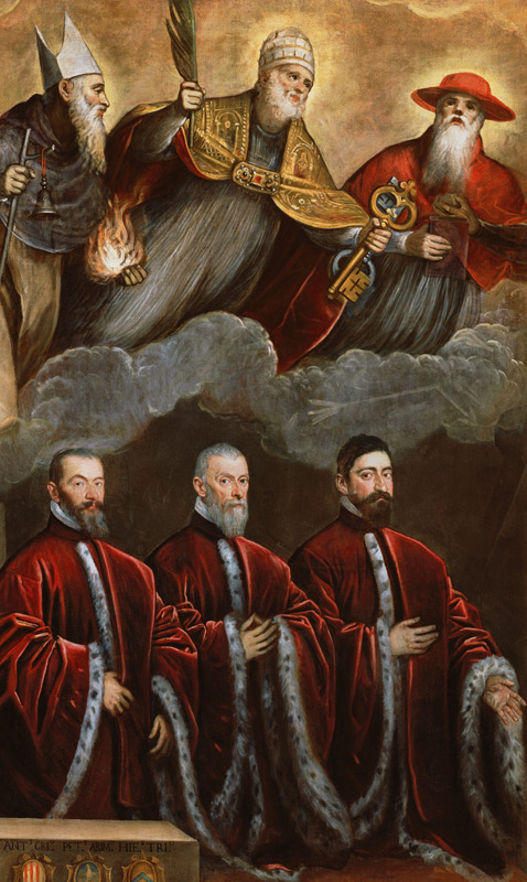 Saint Jerome, Saint Peter and Saint Anthony above a portrait of three lawyers à Domenico Tintoretto