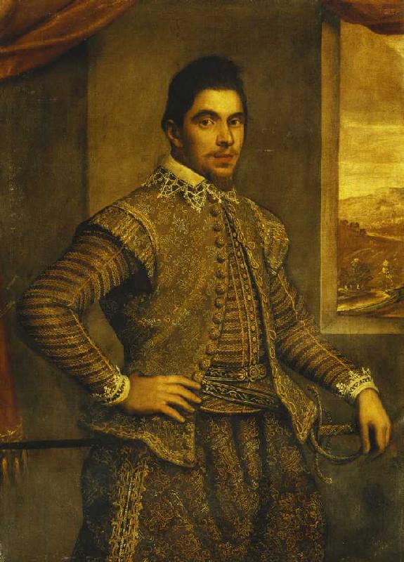 Bildnis eines Gentleman in besticktem Kostüm vor Landschaft. à Domenico Tintoretto