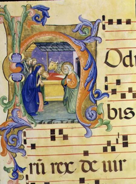 Ms 571 f.6r Historiated initial 'H' depicting the Nativity from an antiphon illuminated by Don Simon à Don Simone Camaldolese