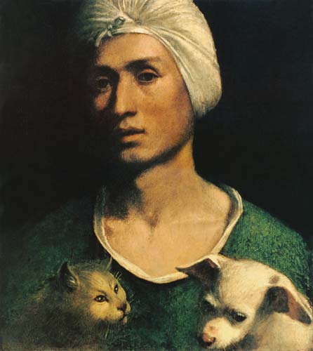 Portrait of a Young Man With a Dog and a Cat à Dosso Dossi