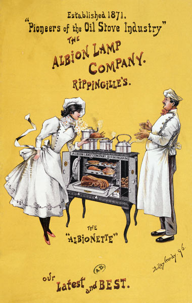 Advertisement for 'The Albionette' oven, manufactured by 'The Albion Lamp Company' à Dudley Hardy