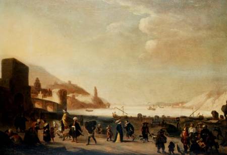 A port with street vendors and peasants in the foreground (panel) à École néerlandaise