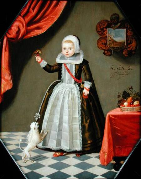 Portrait of a Young Girl with a Bird on her Finger and a Dog at her Feet à École néerlandaise