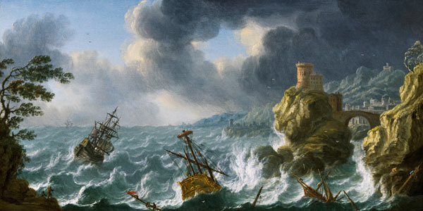 Shipwreck in a storm off a rocky coast à École néerlandaise