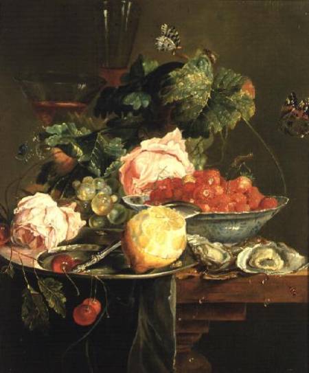 Still Life of Roses, Oysters, Strawberries in a Porcelain Bowl and Other Fruits on Pewter Ware à École néerlandaise