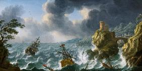 Shipwreck in a storm off a rocky coast