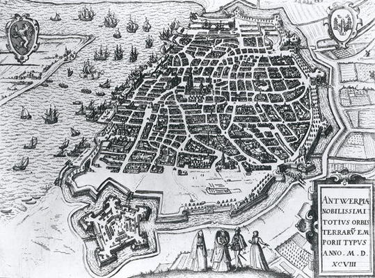 Map of Antwerp, 1598 (engraving) (b/w photo) à École Hollandaise, (16ème siècle)