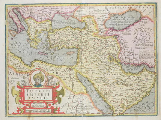 Map of the Turkish Empire, from the Mercator 'Atlas' pub. by Jodocus Hondius (1563-1612) Amsterdam, à École Hollandaise, (17ème siècle)