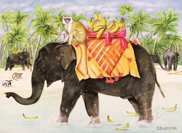 Elephants with Bananas, 1998 (acrylic on canvas)  à E.B.  Watts
