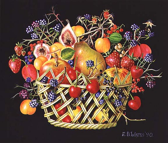 Fruit in a Basket with Black Background, 1990 (acrylic)  à E.B.  Watts