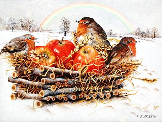 Robins with Apples, 1997 (acrylic on canvas)  à E.B.  Watts