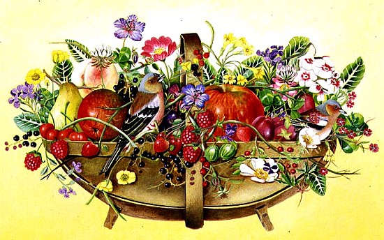 Trug with Fruit, Flowers and Chaffinches, 1991 (acrylic)  à E.B.  Watts