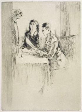 A couple ordering their meal, illustration for Mitsou by Sidonie-Gabrielle Colette