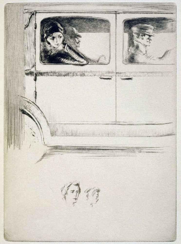 A couple in a chauffeur driven car, illustration for Mitsou by Sidonie-Gabrielle Colette à Edgar Chahine