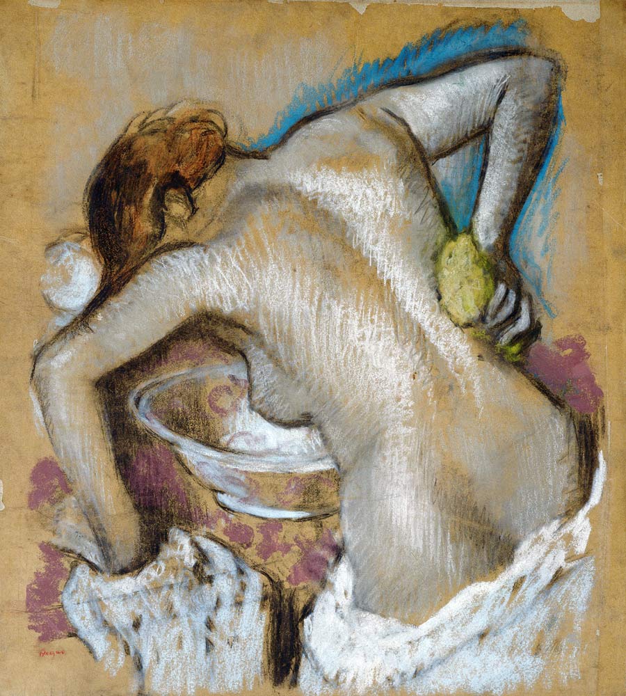 Frau, ihren Rücken mit einem Schwamm waschend à Edgar Degas