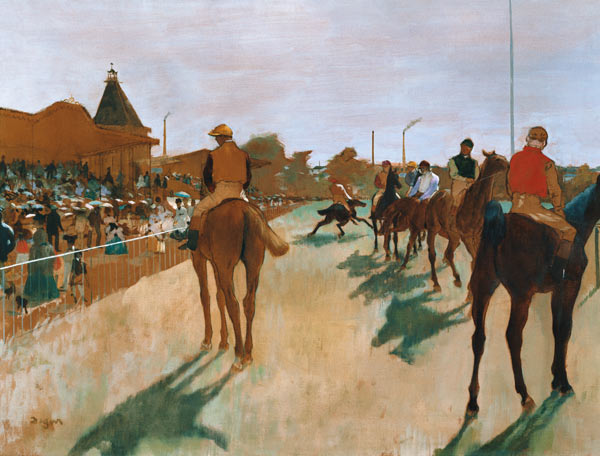 chevaux de course devant les supports à Edgar Degas