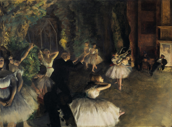 Ballet rehearsal on stage à Edgar Degas