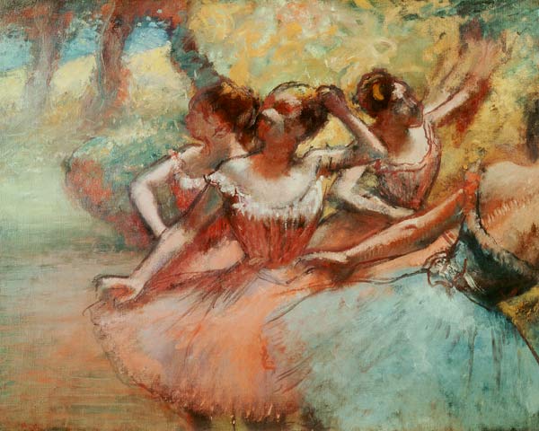 Quatre ballerines sur la scène à Edgar Degas
