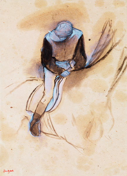 Jockey flexed forward standing in the saddle, 1860-90 (pastel & charcoal on paper) à Edgar Degas