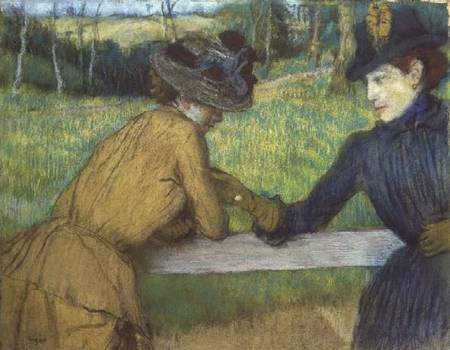 Two women leaning on a gate à Edgar Degas