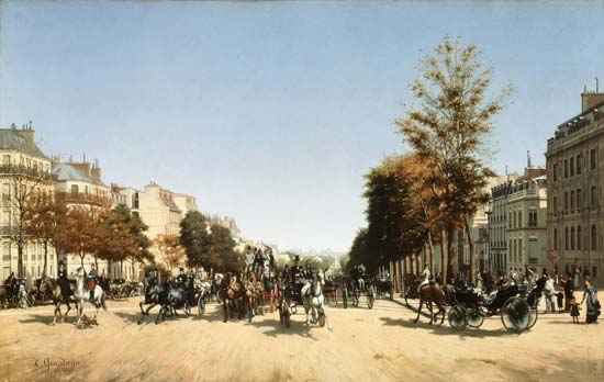Vue de la place de l'étoile et des Champs Elysées animés à Edmond Georges Grandjean