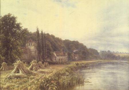 Riverside Village with figures fishing à Edmund George Warren