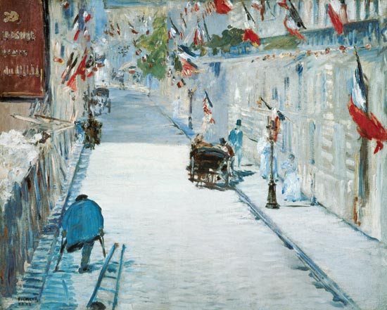 la rue Mosnier à Paris avec des drapeaux à Edouard Manet