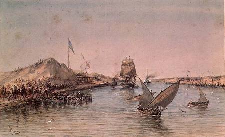 Shipping on the Suez Canal from a souvenir album commemorating the Voyage of Empress Eugenie (1826-1 à Edouard Riou