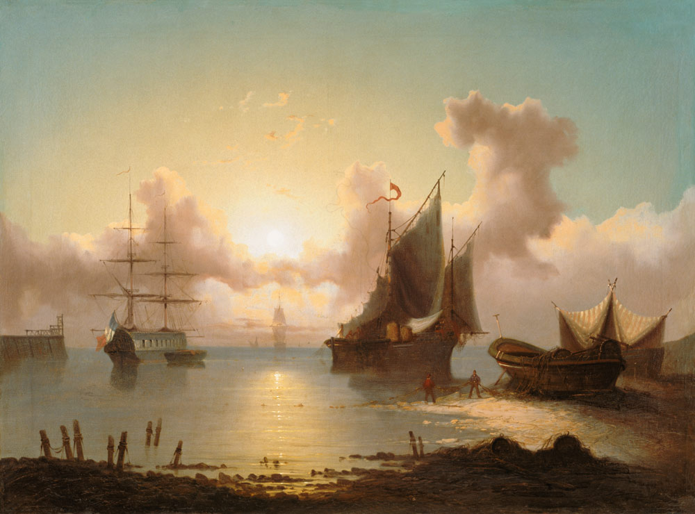 navires à voile avec un coucher de soleil et pêcheurs en rentrant d'un réseau. à Eduard Agricola