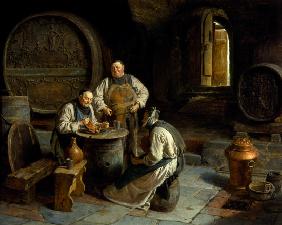Trois moines dans la cave à vin cu cloître