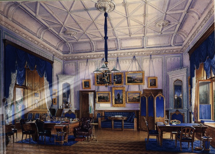 The blue Study room of Emperor Alexander II in the Farm Palace in Peterhof à Eduard Hau