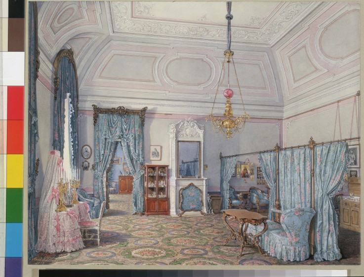 Interiors of the Winter Palace. The Fifth Reserved Apartment. The Bedroom of Grand Princess Maria Al à Eduard Hau