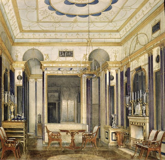 The Drawing Room of the Empress Maria Alexandrovna in the Great Palais in Tsarskoye Selo (w/c, gouac à Eduard Hau