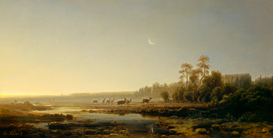 Paysage de marécage au crépuscule avec un troupeau de cerfs à Eduard Schleich l'Ancien