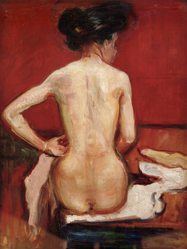 Back View of Sitting Female Nude with Red Background à Edvard Munch