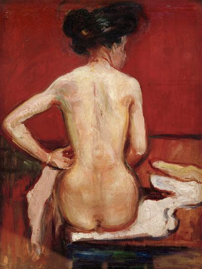 Back View of Sitting Female Nude with Red Background