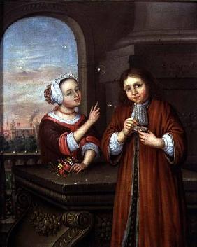 Girl pointing at a boy blowing bubbles in an architectural setting