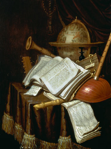 Vanitas with a globe, musical scores and instruments à Edwaert Colyer ou Collier
