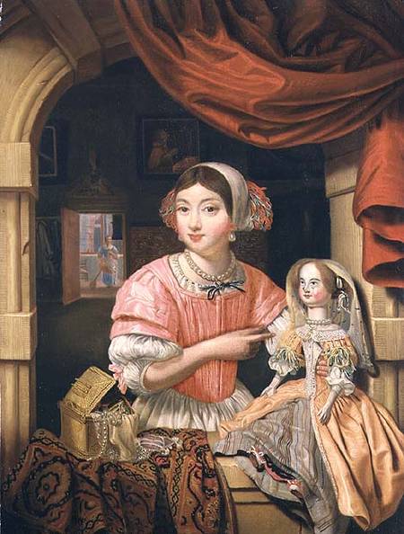 Young woman holding a doll in an interior with a maid sweeping behind à Edwaert Colyer ou Collier