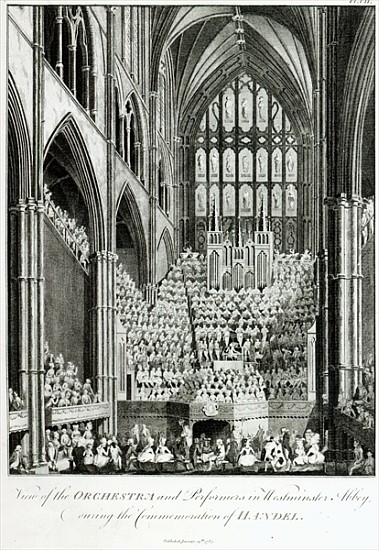 View of the Orchestra and Performers in Westminster Abbey, during the Commemoration of Handel, publi à Edward Francis Burney