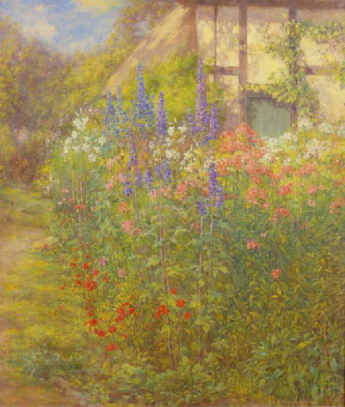 Lilies, Delphiniums and Poppies in the Garden of the Artists Cottage at Ashton-under-Hill near Evesh à Edward Kington Brice