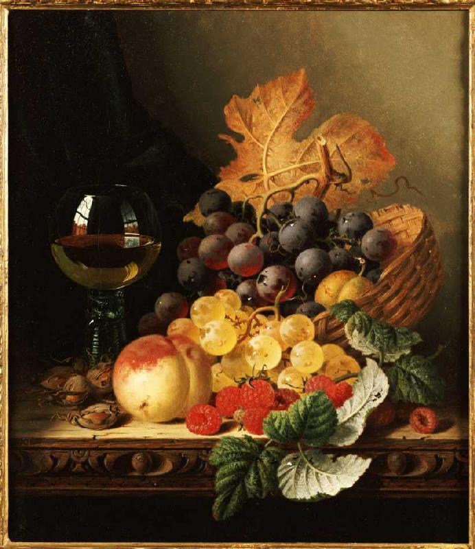 Ein Korb mit Weintrauben, Himbeeren, einem Pfirsich und einem Glas Wein. à Edward Ladell