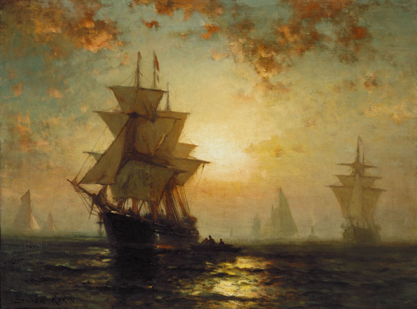 navires à voile avec un coucher de soleil à Edward Moran
