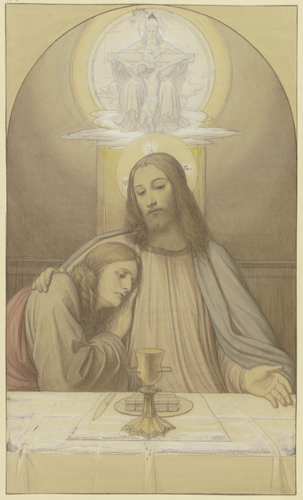 Christus mit dem Lieblingsjünger Johannes, Halbfiguren am Tisch des letzten Abendmahles, über ihnen  à Edward von Steinle