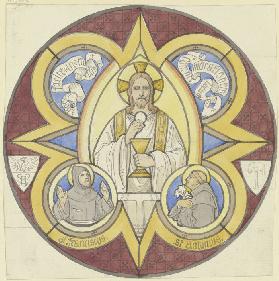 Christus mit Stola, Kelch und Hostie, daneben die Heiligen Franziskus und Antonius