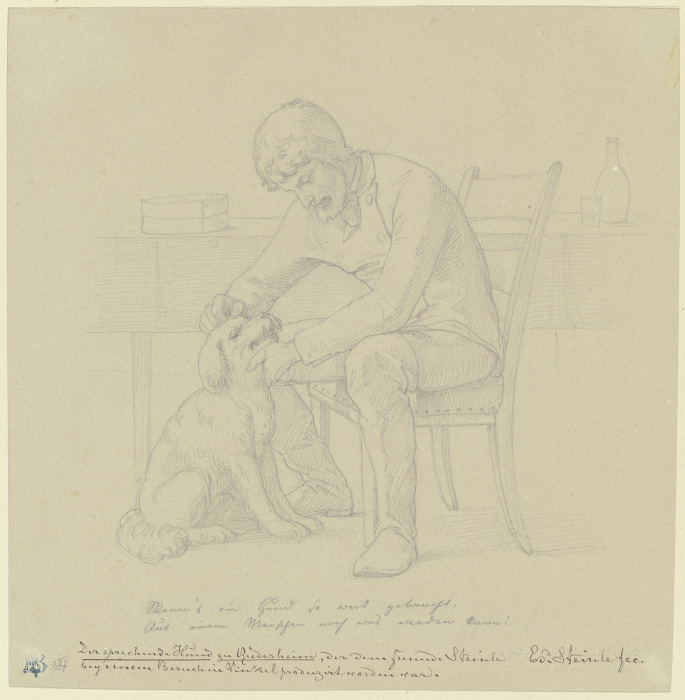 Der sprechende Hund zu Rüdesheim, ein Mann mit dem Hund an einem Tisch sitzend à Edward von Steinle
