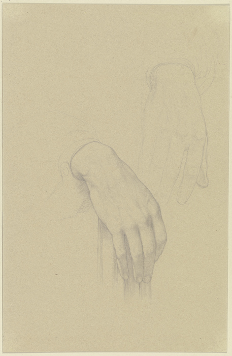 Die schön geformte rechte Hand eines Mannes, auf der Lehne eines Stuhls ruhend; daneben die Skizze e à Edward von Steinle